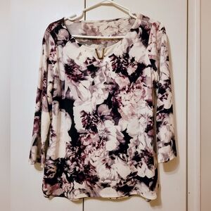 Calvin Klein Floral Blouse with Gold V Detail